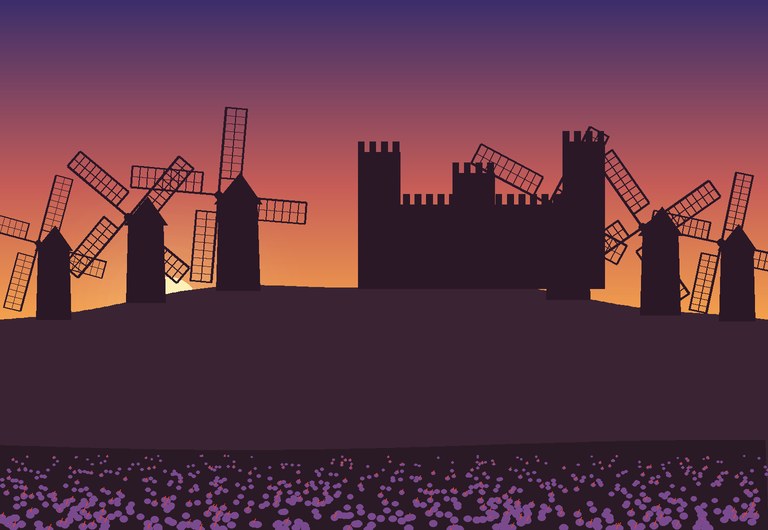 Consuegra windmills and castle silhouetted at sunset