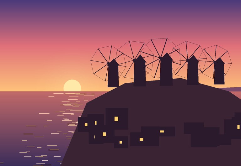 Mykonos windmills silhouetted against a sunset over the sea