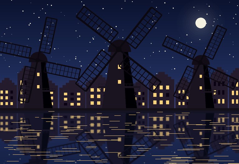 Schiedam windmills silhouetted against a starry night sky